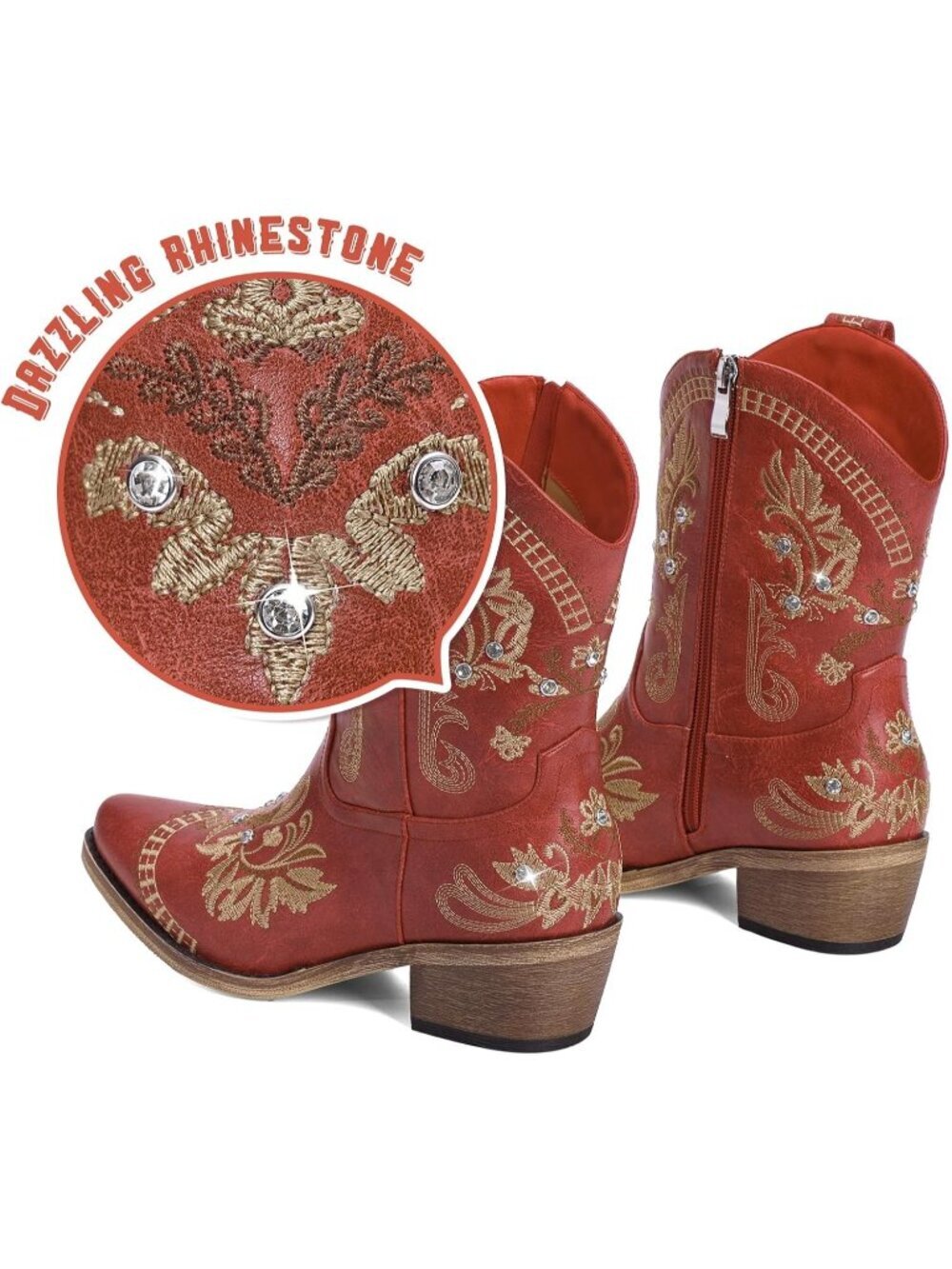 Women’s Red Cowboy Boots Rhinestone Embroidered Ankle Booties Toe Chunky Heel - Picture 4 of 5
